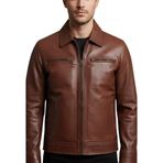 Erkek %100 Hakiki Deri Ceket - Vintage Motosiklet Kıyafeti - Resmi ve Günlük Giyim için Dar Kesim Klasik Ceket, Cognac - Kyle Deri Ceket, 3XL