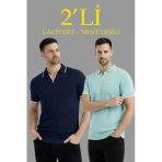 Erkek 2 Li Paket Triko Yakalı Düğmesiz Açık Yaka Fitilli Kısa Kollu Regular Fit Tişört - Lacivert Mint Yeşili