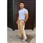 Erkek 3 İplik Kışlık Pamuklu Yandan Garneli Kalın Şeritli Cepli Eşofman Altı Pantolon- Bej
