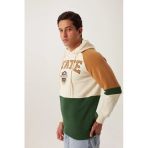 Erkek 3 İplik Pamuklu İçi Polarlı 3 Renkli Oversize Baskılı Kapüşonlu Ekru Sweatshirt