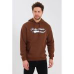Erkek 3 İplik Pamuklu İçi Polarlı Baskılı Regular Fit Kapüşonlu Kanguru Cepli Kahverengi Sweatshirt