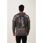 Erkek 3 İplik Pamuklu İçi Polarlı Ön Arka Baskılı Oversize Kapüşonlu Antrasit Sweatshirt