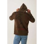 Erkek 3 İplik Pamuklu İçi Polarlı Ön Arka Baskılı Oversize Kapüşonlu Haki Sweatshirt