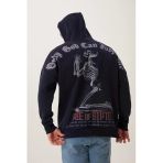 Erkek 3 İplik Pamuklu İçi Polarlı Ön Arka Baskılı Oversize Kapüşonlu Lacivert Sweatshirt