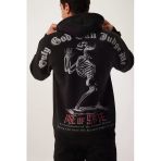 Erkek 3 İplik Pamuklu İçi Polarlı Ön Arka Baskılı Oversize Kapüşonlu Siyah Sweatshirt