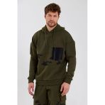 Erkek 3 İplik Pamuklu İçi Polarlı Oversize Göğüs Cepli Kapuşonlu Haki Sweatshirt
