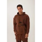 Erkek 3 İplik Pamuklu İçi Polarlı Oversize Göğüs Cepli Kapuşonlu Kahverengi Sweatshirt