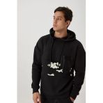 Erkek 3 İplik Pamuklu İçi Polarlı Oversize Göğüs Cepli Kapuşonlu Siyah Sweatshirt