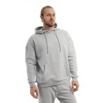 Erkek 3 İplik Pamuklu İçi Polarlı Oversize Kapüşonlu Kanguru Cepli Gri Sweatshirt