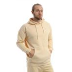 Erkek 3 İplik Pamuklu İçi Polarlı Oversize Kapüşonlu Kanguru Cepli Krem Sweatshirt