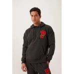 Erkek 3 İplik Pamuklu İçi Polarlı Oversize Nakışlı Kapüşonlu Kanguru Cepli Antrasit Sweatshirt