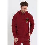 Erkek 3 İplik Pamuklu İçi Polarlı Oversize Nakışlı Kapüşonlu Kanguru Cepli Bordo Sweatshirt
