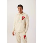 Erkek 3 İplik Pamuklu İçi Polarlı Oversize Nakışlı Kapüşonlu Kanguru Cepli Ekru Sweatshirt