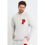 Erkek 3 İplik Pamuklu İçi Polarlı Oversize Nakışlı Kapüşonlu Kanguru Cepli Kar Melanj Sweatshirt