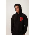 Erkek 3 İplik Pamuklu İçi Polarlı Oversize Nakışlı Kapüşonlu Kanguru Cepli Siyah Sweatshirt