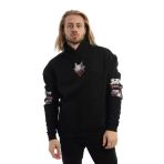 Erkek 3 İplik Pamuklu İçi Polarlı Oversize Ön Arka Kol Baskılı Kapüşonlu Kanguru Cepli Siyah Sweatshirt