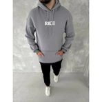 Erkek 3 Iplik Pamuklu Kapüşonlu Kanguru Cepli Baskılı Oversize Hoodie Sweatshirt - Gri - XL