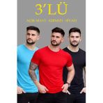 Erkek 3'Lü Bisiklet Yaka Tişört – Kısa Kollu Yazlık Slim Fit Body - Siyah, Kırmızı, Açık Mavi