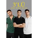 Erkek 3’lü Paket Dokuma Triko Fermuarlı Yakalı Fitilli Kısa Kollu Regular Fit Tişört - Beyaz, Haki, Siyah - Beyaz - Haki - Siyah - 2XL