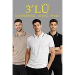 Erkek 3’lü Paket Dokuma Triko Fermuarlı Yakalı Fitilli Kısa Kollu Regular Fit Tişört - Kahverengi, Beyaz, Siyah - Kahverengi - Beyaz - Siyah - 2XL