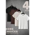 Erkek 4'lü Paket Siyah-Kahverengi-Beyaz-Taş Slim Fit Dar Kesim %100 Pamuk Bisiklet Yaka Tişört