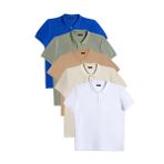 Erkek 5'li Paket Beyaz-Mavi-Taş-Vizon-Haki Slim Fit Pamuklu Düz Pike Polo Yaka Tişört