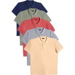 Erkek 5'li Paket Lacivert-Haki-Kiremit-Gri-Bej Slim Fit Dar Kesim Pamuklu Düz Pike Polo Yaka Tişört - Multicolor