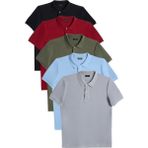 Erkek 5'li Paket Siyah-Bordo-Haki-Mavi-Gri Slim Fit Dar Kesim Pamuklu Düz Pike Polo Yaka Tişört - Multicolor