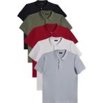 Erkek 5'li Paket Siyah-Haki-Bordo-Gri-Koyu Gri Slim Fit Dar Kesim Pamuklu Düz Pike Polo Yaka Tişört - Multicolor