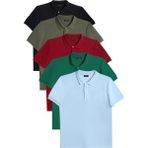 Erkek 5'li Paket Siyah-Haki-Bordo-Zümrüt Yeşili-Mavi Slim Fit Pamuklu Düz Pike Polo Yaka Tişört - 2XL