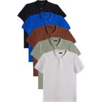 Erkek 5'li Paket Siyah-Saks Mavi-Kahverengi-Haki-Gri Slim Fit Pamuklu Düz Pike Polo Yaka Tişört - Multicolor - 2XL