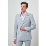 Erkek A. MAVİ Çizgili Desen Kruvaze Slim Fit Sivri Yaka Takım Elbise