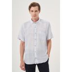 Erkek A. Mavi Keten Trend Regular Fit Düğmeli Yaka Kısa Kol Gömlek - 3XL - Buz Mavisi