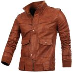 Erkek Antik Bronz Dört Kapaklı Klasik Stil Motosiklet Hakiki Deri Ceket, taba rengi, XS