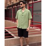 Erkek, Apaş Yaka, Oversize, %100 Pamuk, Müslin Dokuma, Kısa Kollu Gömlek G14 - Haki - 2XL