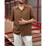 Erkek, Apaş Yaka, Oversize, %100 Pamuk, Müslin Dokuma, Kısa Kollu Gömlek G14 - Kahve - 2XL