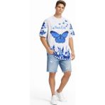 Erkek Asit Yıkamalı Oversize Tişört Mavi Kelebek Baskılı Dijital Print Bisiklet Yaka Streetwea - Beyaz - XL