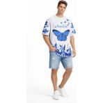 Erkek Asit Yıkamalı Oversize Tişört Mavi Kelebek Baskılı Dijital Print Bisiklet Yaka Streetwear T-Shirt - Beyaz - XL