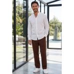 Erkek Baggy Fit Geniş Kesim %100 Pamuk Beli Lastikli Yandan Cepli Müslin Kahverengi Düz Pantolon