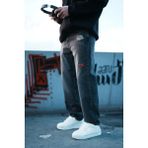 Erkek Baggy Fit Nakışlı Frayed Jean Pantolon Siyah - 33