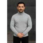 Erkek Balıkcı Yaka Bağazlı Triko Kazak Pamuklu Kalın Fitilli Dokuma Regular Fit Uzun - Gri
