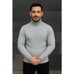 Erkek Balıkcı Yaka Bağazlı Triko Kazak Pamuklu Kalın Fitilli Dokuma, Regular Fit Uzun Kollu Kışlık Model - Gri - 2XL