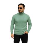 Erkek Balıkcı Yaka Bağazlı Triko Kazak Pamuklu Kalın Fitilli Dokuma, Regular Fit Uzun Kollu Kışlık Model - Mint Yeşili - XL