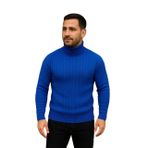 Erkek Balıkcı Yaka Bağazlı Triko Kazak Pamuklu Kalın Fitilli Dokuma, Regular Fit Uzun Kollu Kışlık Model - Saks Mavisi - 2XL