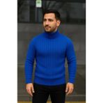 Erkek Balıkcı Yaka Bağazlı Triko Kazak Pamuklu Kalın Fitilli Dokuma, Regular Fit Uzun Kollu Kışlık Model - Saks Mavisi - XL