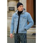 Erkek Basic Mevsimlik Kapşonlu B.mavi Kot Ceket - 2XL