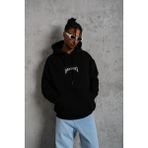 Erkek Baskılı Kapüşonlu ve Kanguru Cepli Sweatshirt Hoodie- Siyah - 2XL