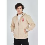 Erkek Baskılı Tam Fermuarlı Kapşonlu Sweatshirt - Bej
