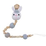Erkek Bebek Amigurumi Beyaz Mavi Tavşanlı Organik Ahşap Boncuklu İsimli İsme Özel Emzik Askısı