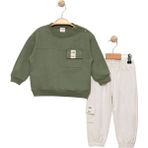 Erkek Bebek Cepli Haki Sweatshirt ve Taş Eşofman Takımı - Çocuk Giyim - Yeşil - 18 - 24 Ay